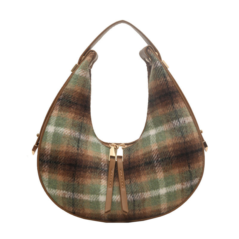 Women's Fashion Color Contrast Plaid Retro Hand Carrying Dumpling Bag