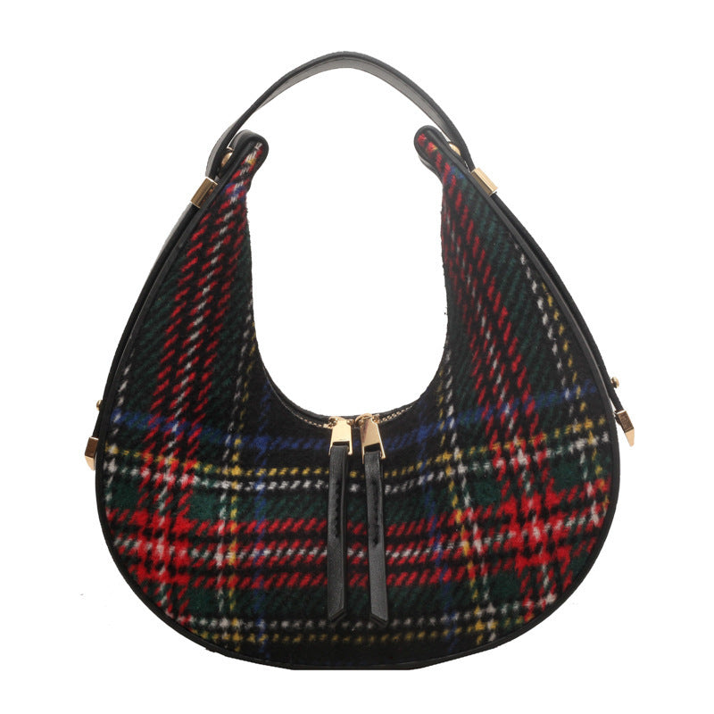 Women's Fashion Color Contrast Plaid Retro Hand Carrying Dumpling Bag